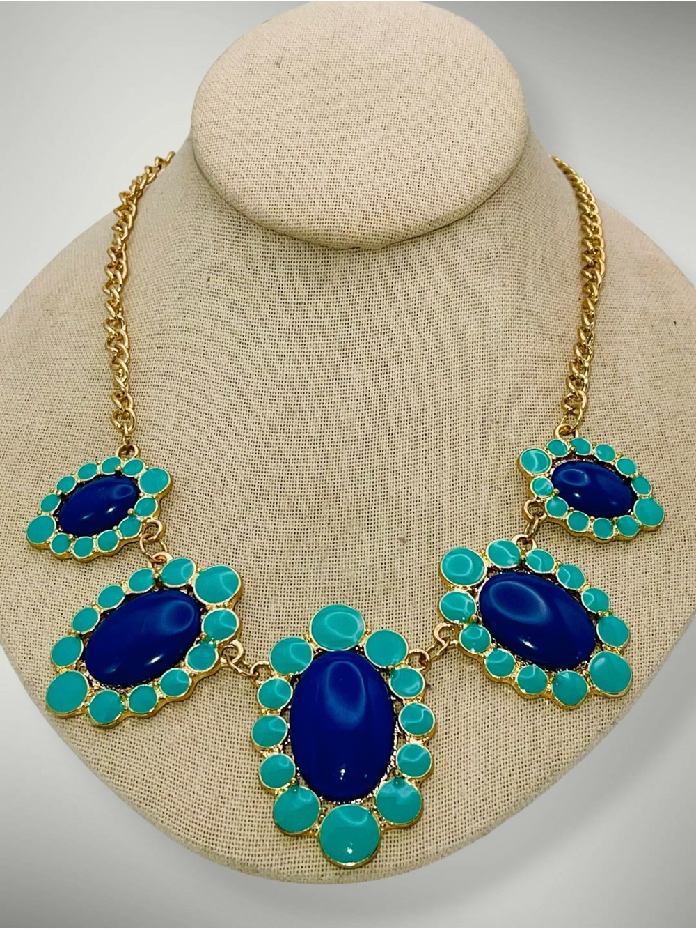 Vibrant Cobalt and Turquoise Blue Enamel Gold Tone Statement Bib Necklace